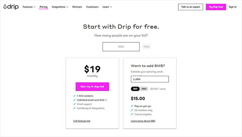 Drip price overview - IsItWP - Détecteur de thèmes WordPress gratuit Drip price overview