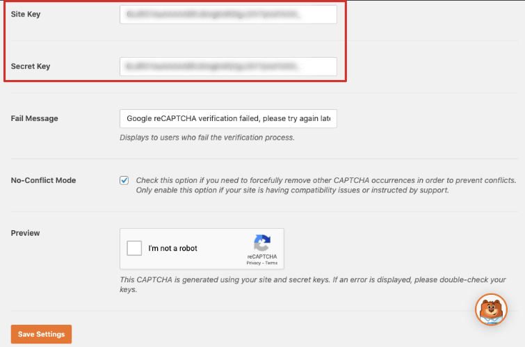 enter site key captcha wpforms