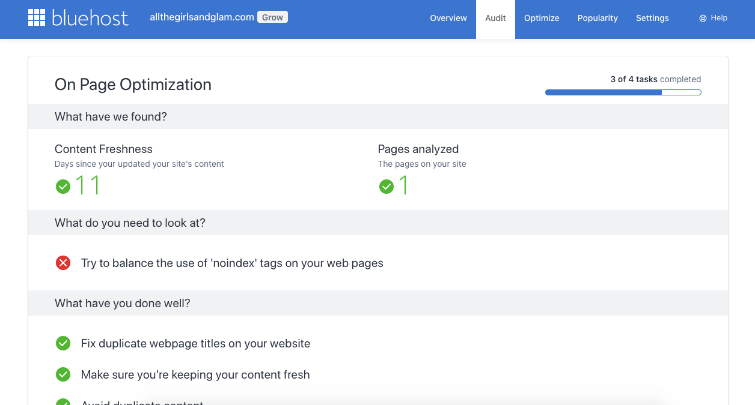 On page optimization in Bluehost