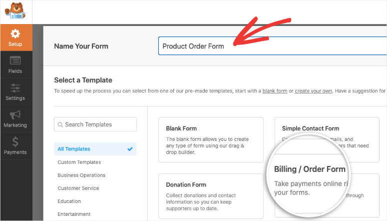wpforms name and order template
