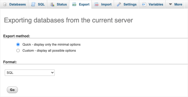 database export options