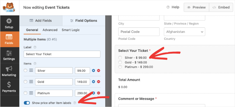 show price in item labels