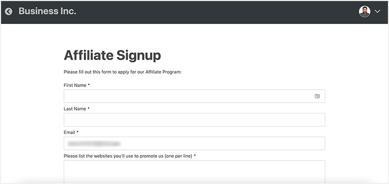 Affiliate sign up form