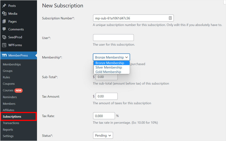 memberpress new subscription