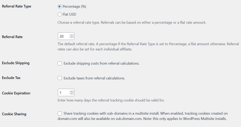 set referral rate type and cookie expiration affiliatewp