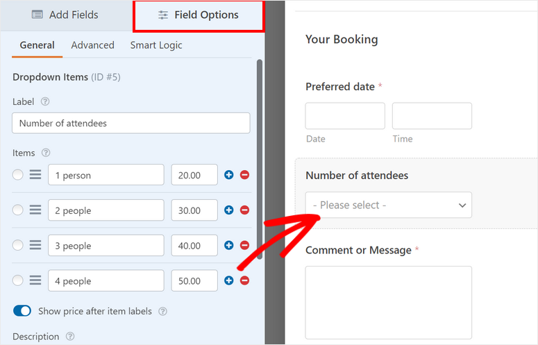 number of attendees booking form