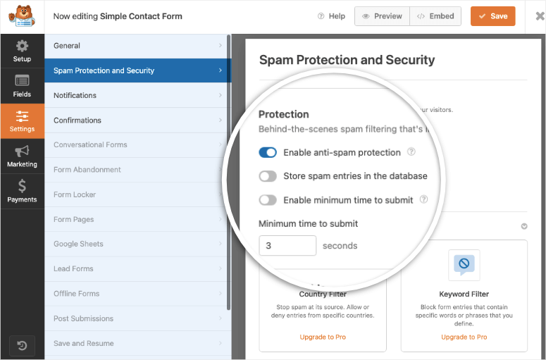 spam and security in wpforms for wordpress