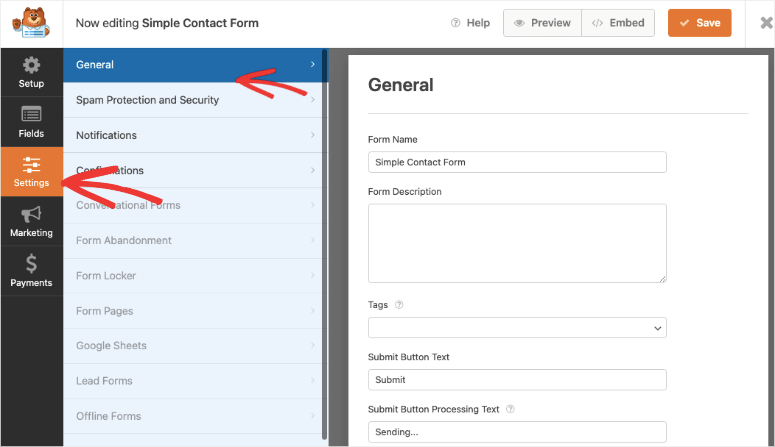 wpforms general settings