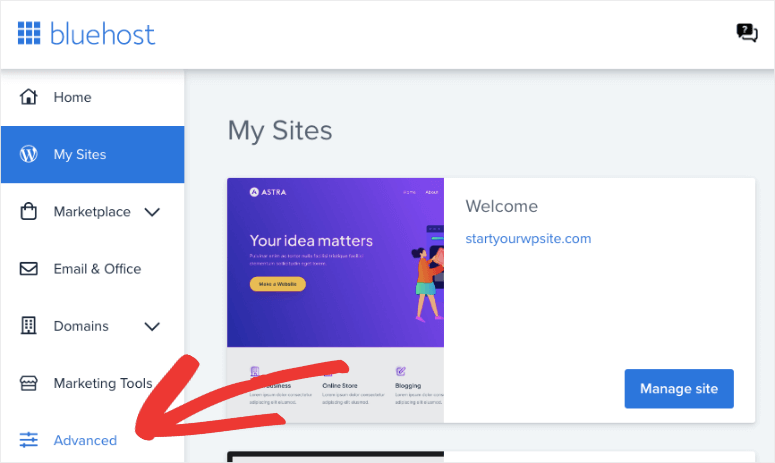 bluehost access cpanel in advanced tab