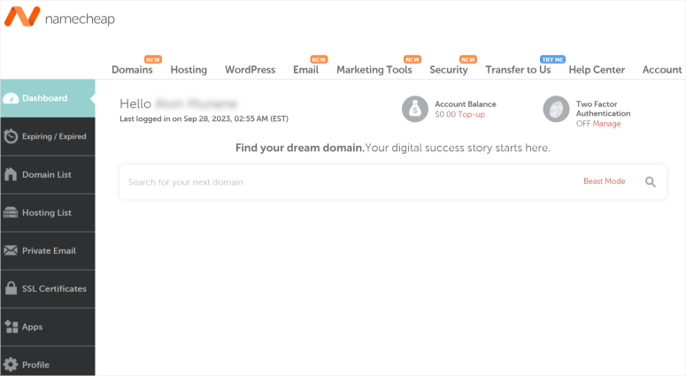 namecheap dashboard