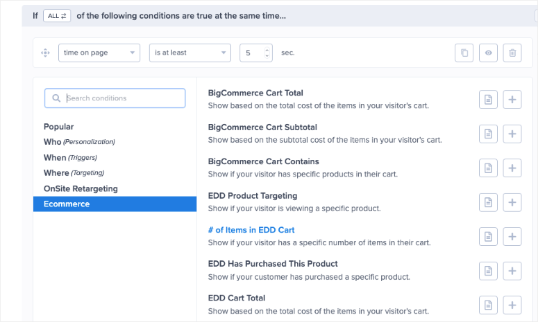 optinmonster ecommerce display rules