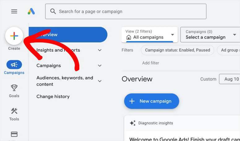 google ads create button