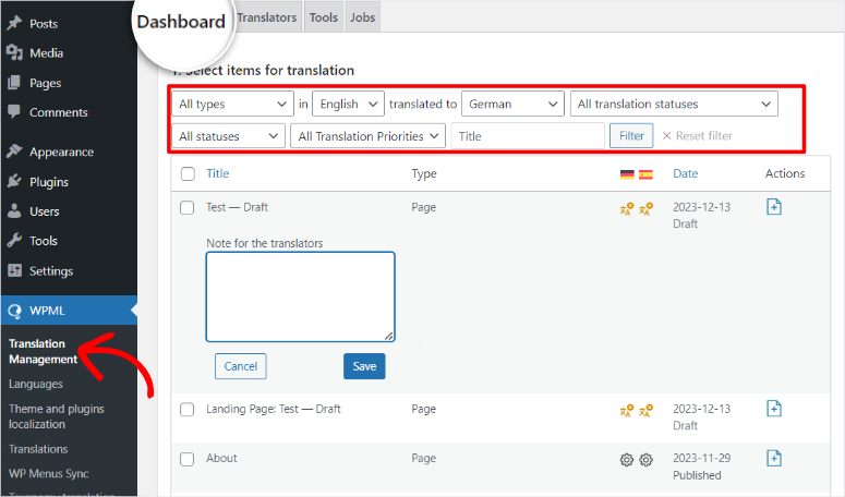 wpml translation management dashboard