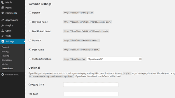 Permalink settings in WordPress Permalink settings in WordPress