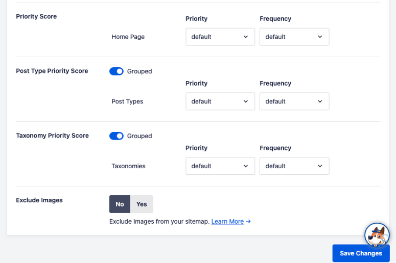 sitemap priority settings