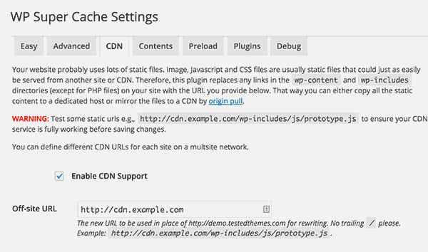 CDN support in WP Super Cache