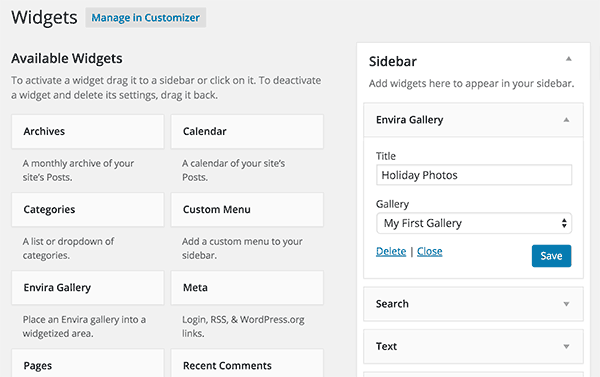Adding a gallery in WordPress sidebar with Envira Gallery