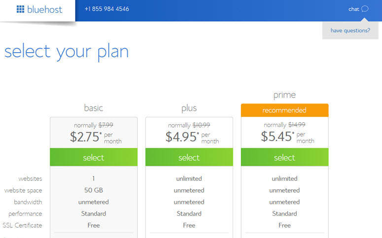 select a bluehost plan for restaurant website