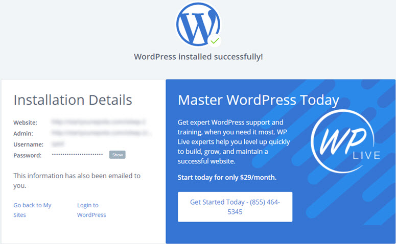 wordpress installation successful