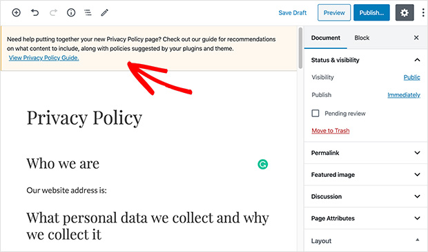 Privacy Policy editor notice