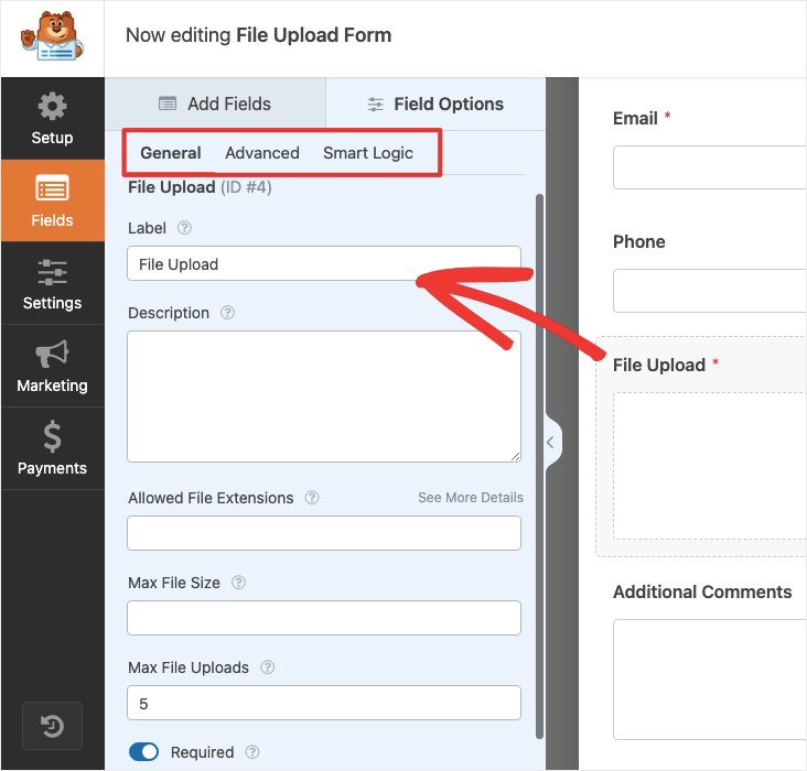 file upload options in WPForms