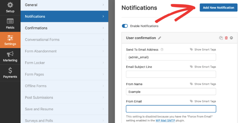 add new notification wpforms