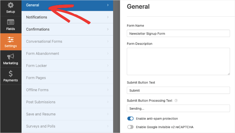 general settings in wpforms