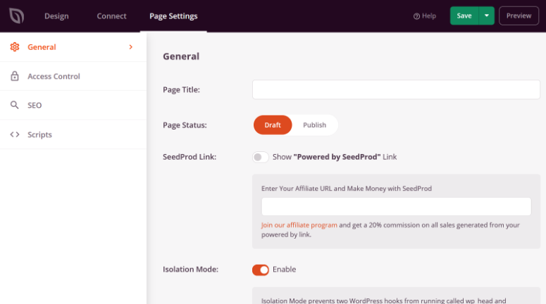 configure general landing page settings