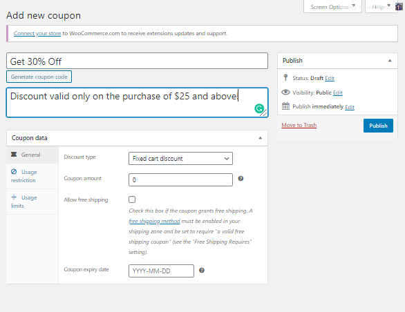 Add coupon to WoCommerce site
