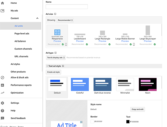 AdSense ad size type