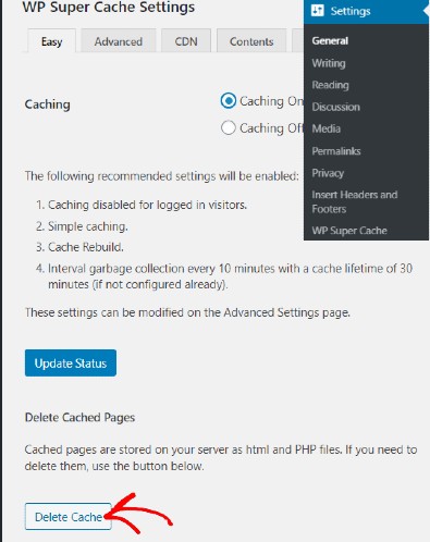 Clear cache in WP Super Cache