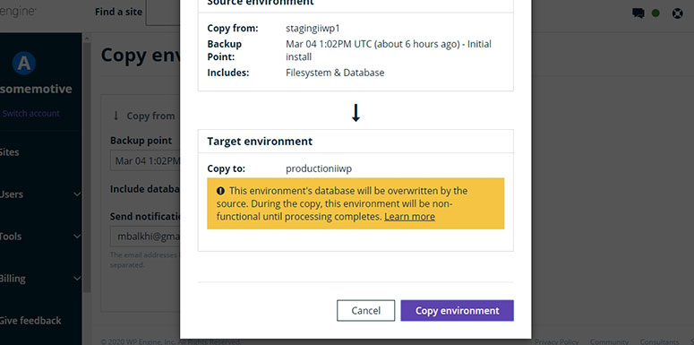 WP Engine Confirm Copy Environment