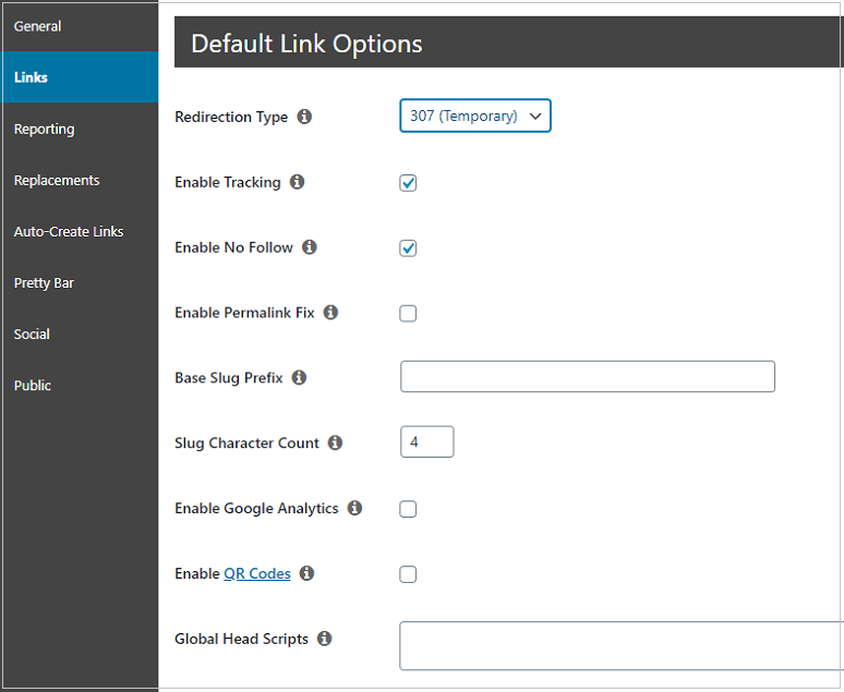 Pretty Links Pro settings links tab