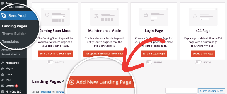 add new landing page in seedprod