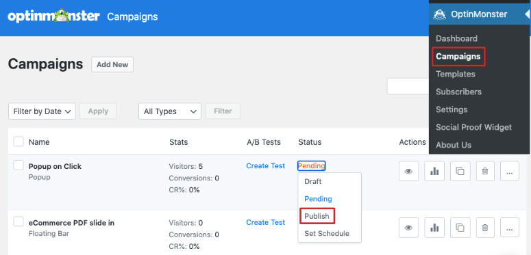 Publish status in OptinMonster