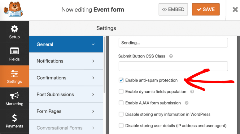 Anti spam protection settings in WPForms