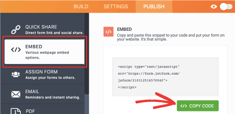 copy shortcode jotform