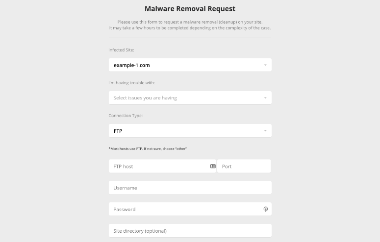 Malware removal request form in Sucuri