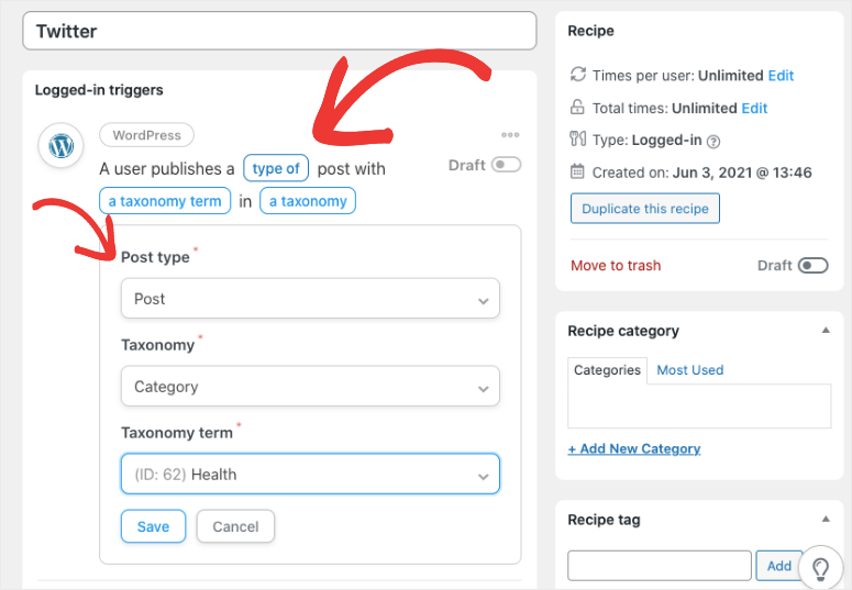 user type of post and taxonomy in uncanny