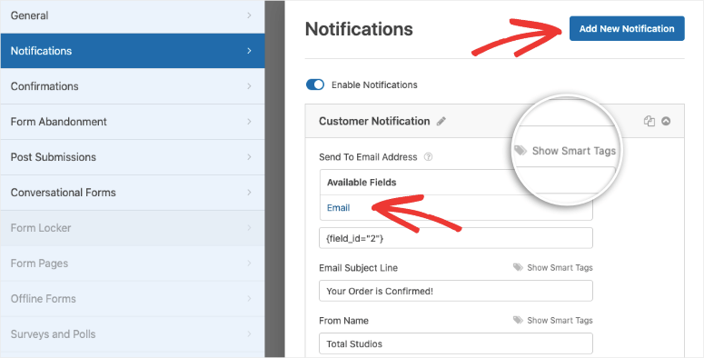 notification for customer in wpforms