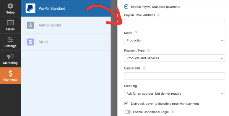 enter paypal details in wpforms