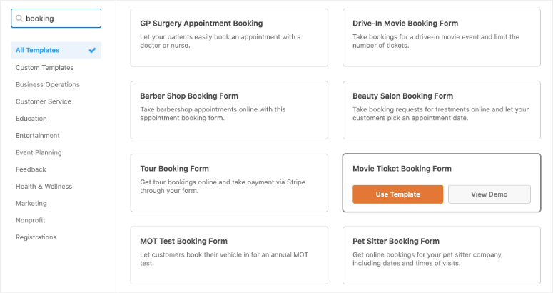 booking templates in WPForms