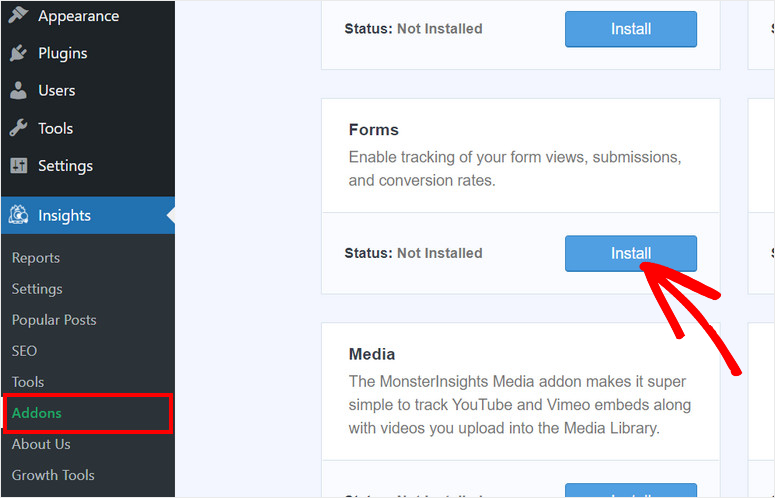 install monsterinsights form tracking addon