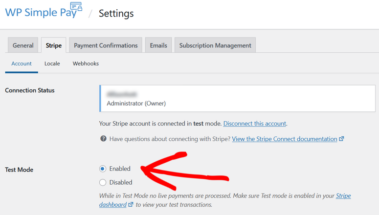 enable test mode for wp simple pay