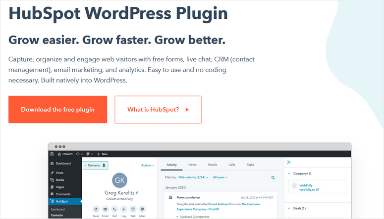 hubspot wordpress plugin live chat email marketing