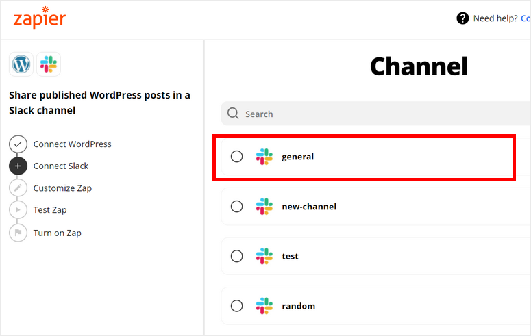 select slack channel