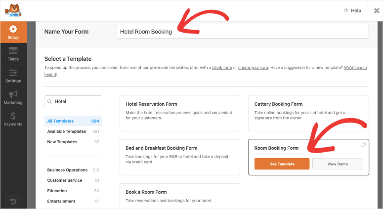 hotel room booking template