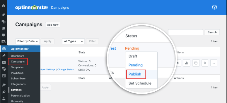 publish optinmonster campaign in wordpress