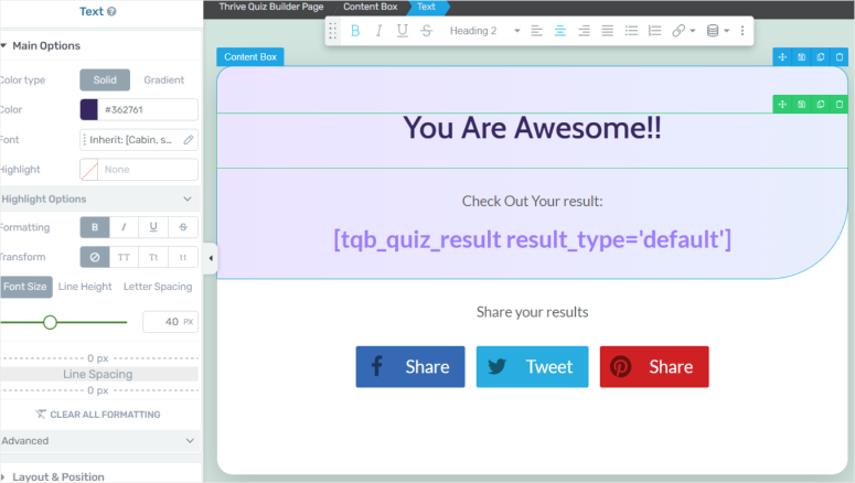 thrive quiz builder edited result page