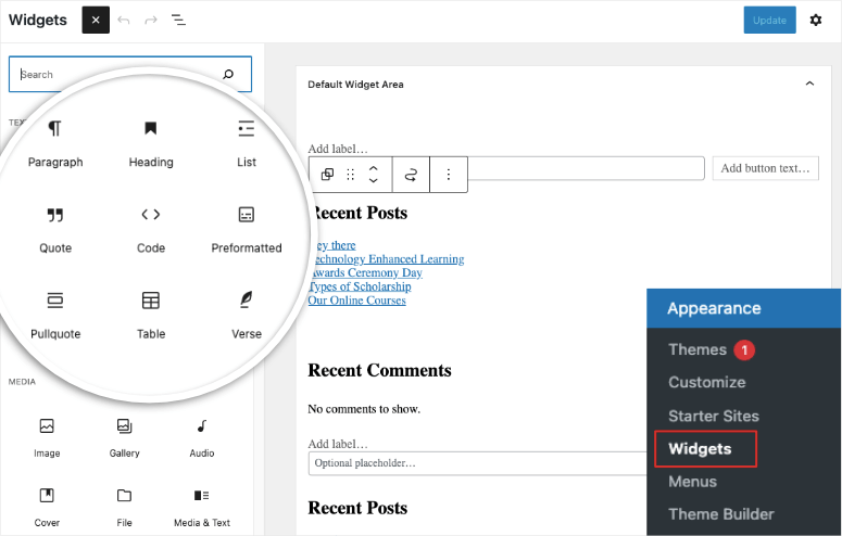 wordpress default widgets